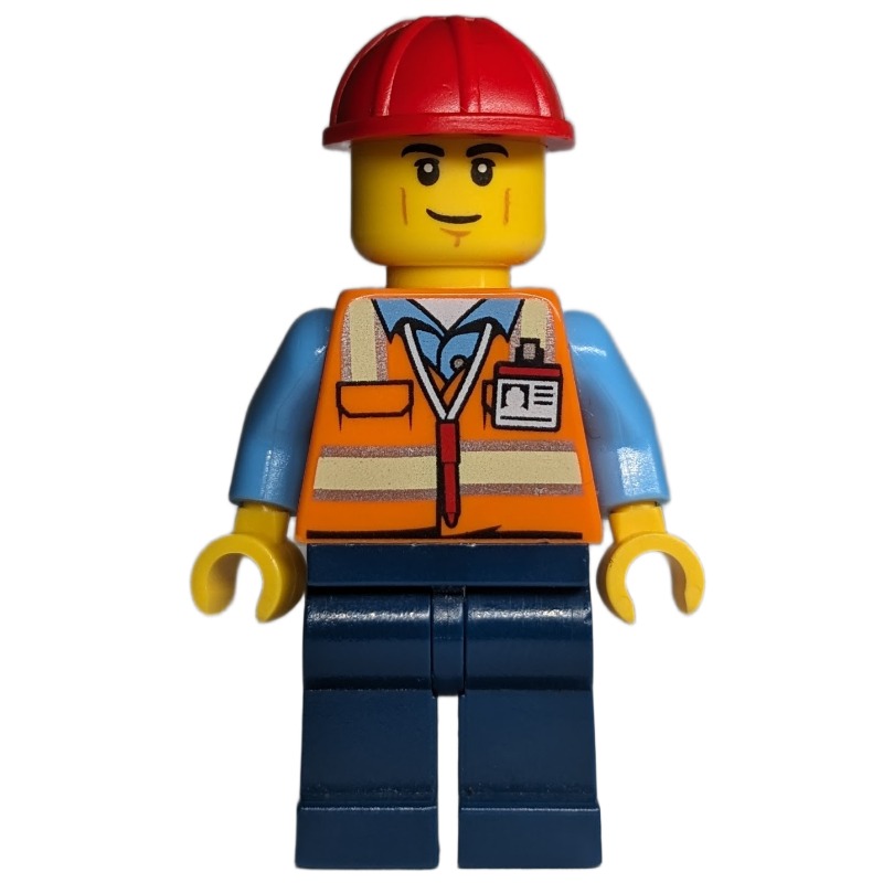 Travailleur de la construction - torse orange, jambes bleu foncé, casque rouge, sourire en coin (Construction Worker - Orange Torso, Dark Blue Legs, Red Helmet, Smirk)