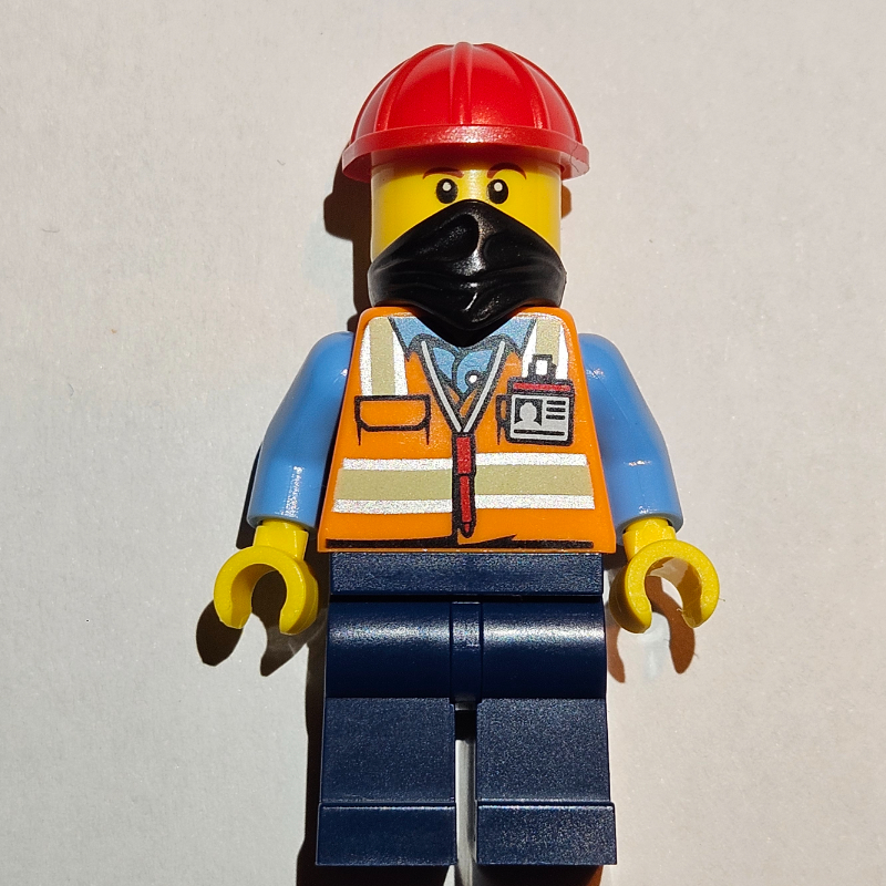 Travailleur de la construction - torse orange, jambes bleu foncé, casque rouge, bandana noir (Construction Worker - Orange Torso, Dark Blue Legs, Red Helmet, Black Bandana)