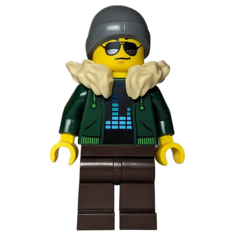 Torse vert foncé, jambes brun foncé, col beige, bonnet gris bleuté foncé (Dark Green Torso, Dark Brown Legs, Tan Collar, Dark Bluish Grey Beanie)