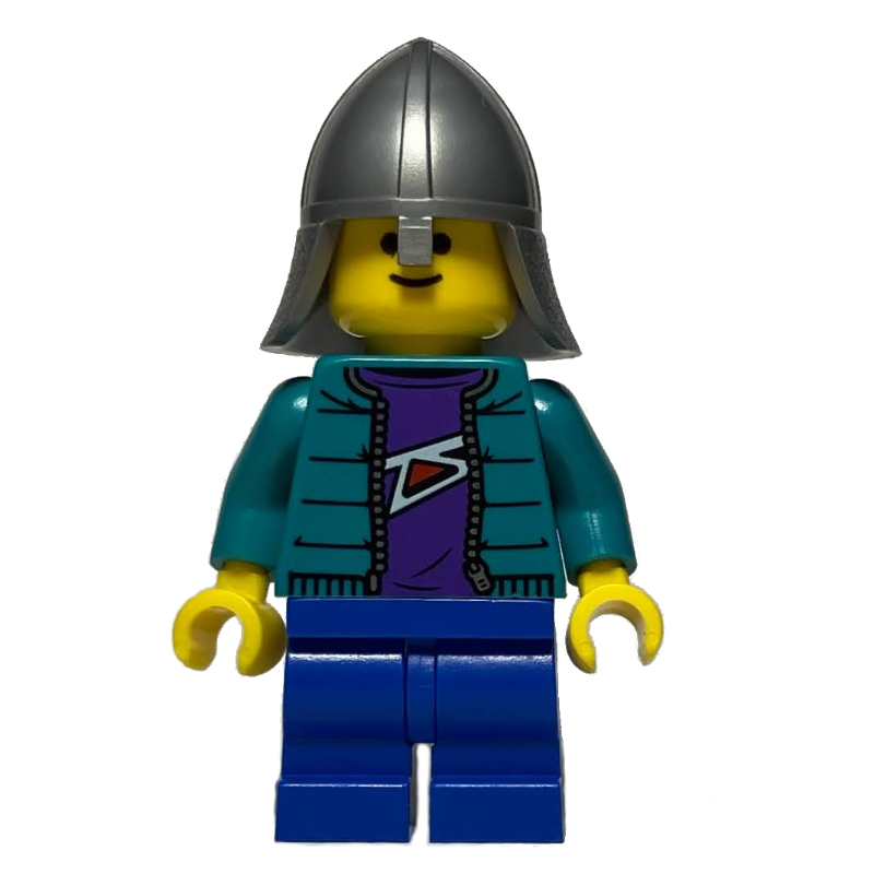 Enfant - torse turquoise foncé, jambes moyennes bleues, casque de chevalier argent plat (Child - Dark Turquoise Torso, Blue Medium Legs, Flat Silver Knight Helmet)
