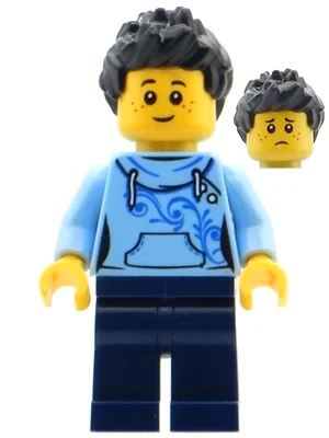 Torse bleu clair vif, jambes bleu foncé, cheveux noirs (Bright Light Blue Torso, Dark Blue Legs, Black Hair)