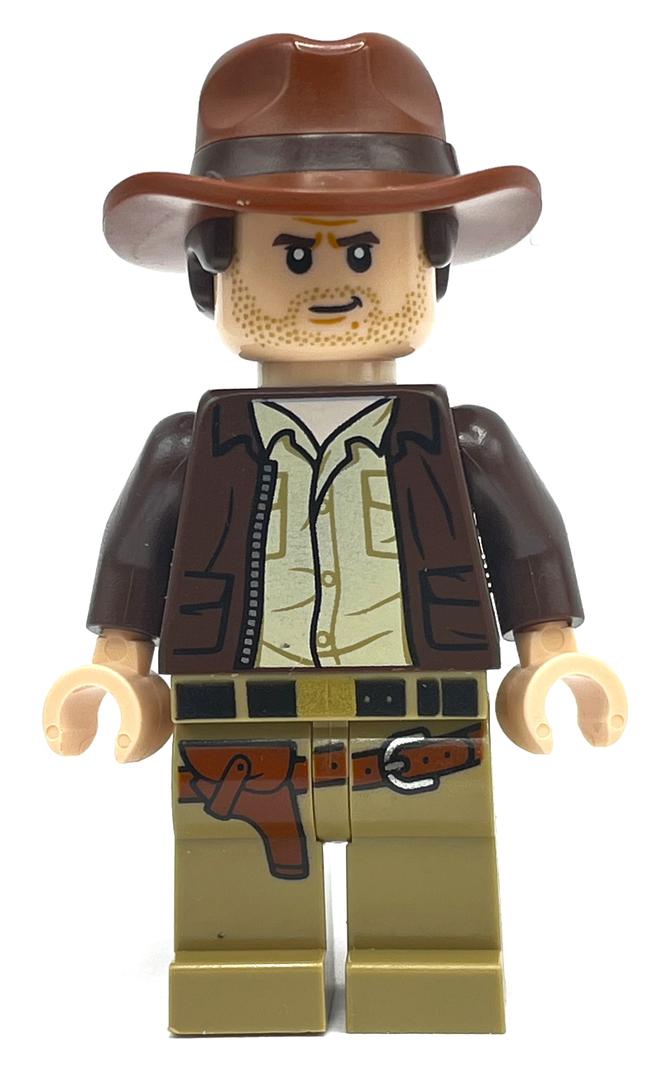 Indiana Jones en veste marron foncé, chemise beige, mains nougat clair (Indiana Jones in Dark Brown Jacket, Tan Shirt, Light Nougat Hands)