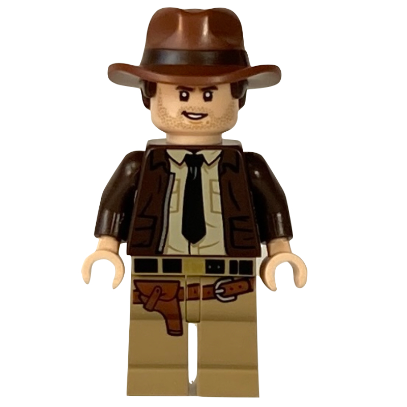 Indiana Jones en veste marron foncé, chemise beige, cravate noire (Indiana Jones in Dark Brown Jacket, Tan Shirt, Black Tie)