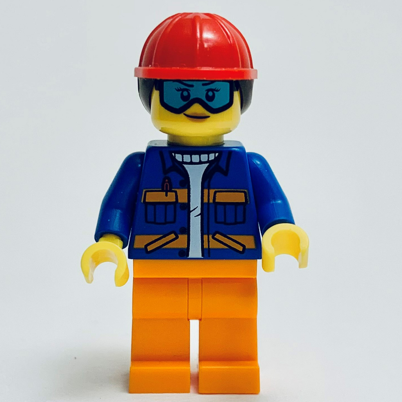 Construciton worker, veste bleue, jambes orange, casque de chantier rouge avec cheveux brun foncé (Construciton Worker, Blue Jacket, Orange Legs, Red Hard Hat with Dark Brown Hair )