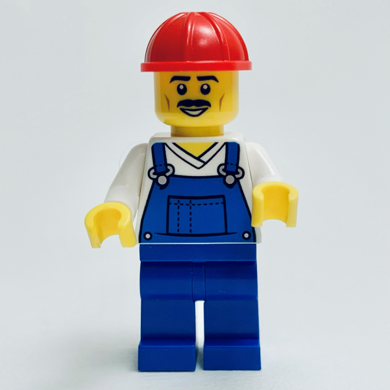 Ouvrier de chantier, salopette bleue, casque de chantier rouge, moustache (Construction Worker, Blue Overalls, Red Hard Hat, Moustache)