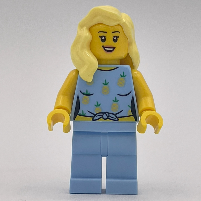 Femme, tenue bleu clair vif avec ananas (Woman, Bright Light Blue Outfit with Pineapples)