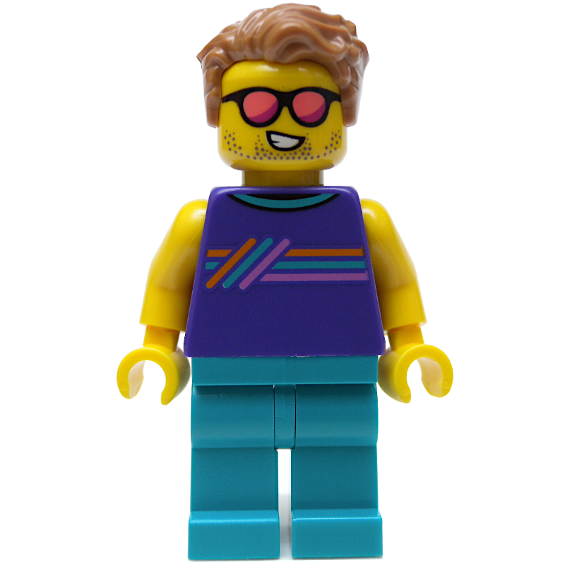 Homme, gilet pourpre foncé, jambes turquoise foncé, lunettes de soleil corail (Man, Dark Purple Vest, Dark Turquoise Legs, Coral Sunglasses)