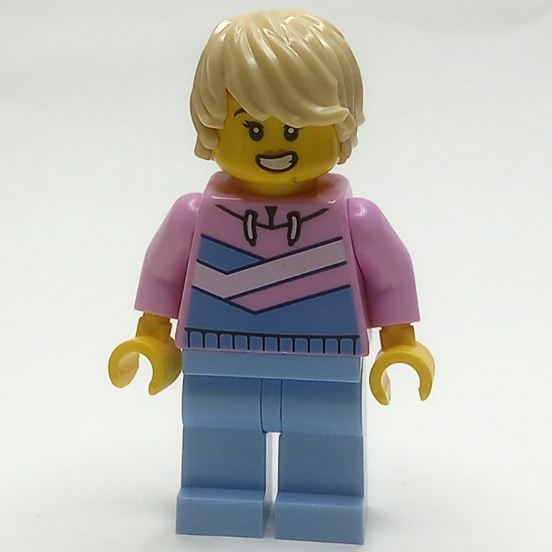 Femme, sweat à capuche rose vif, jambes bleu clair vif (Woman, Bright Pink Hoodie, Bright Light Blue Legs)