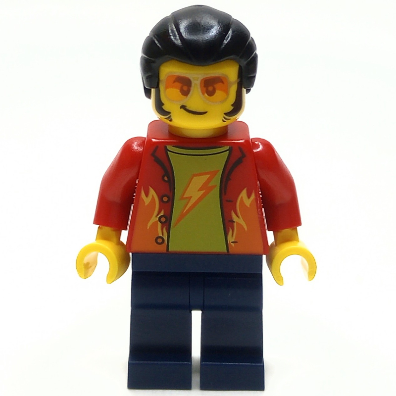 Homme, veste rouge, jambes bleu foncé, lunettes orange (Man, Red Jacket, Dark Blue Legs, Orange Glasses)