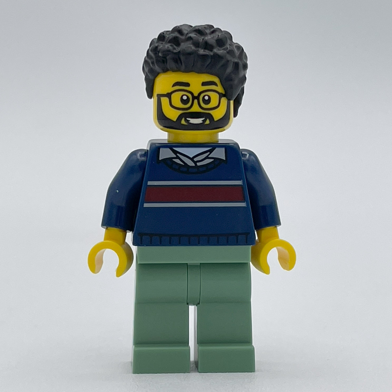 Homme, pull bleu foncé, jambes vert sable, barbe et lunettes (Man, Dark Blue Sweater, Sand Green Legs, Beard and Glasses)