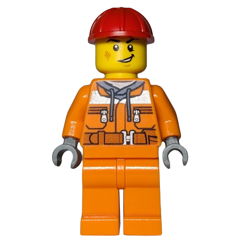 Ouvrier de chantier, costume de sécurité orange, casque de chantier rouge (Construction Worker, Orange Safety Suit, Red Hard Hat)