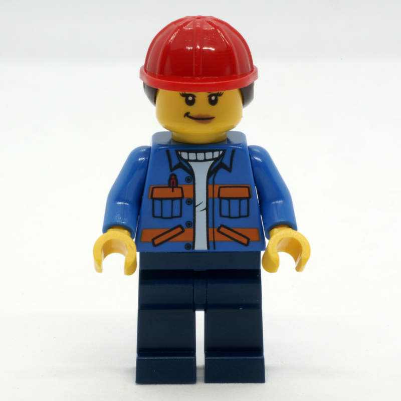 Ouvrier de chantier, veste de sécurité bleue, jambes bleu foncé, casque de chantier rouge avec cheveux (Construction Worker, Blue Safety Jacket, Dark Blue Legs, Red Hard Hat with Hair)