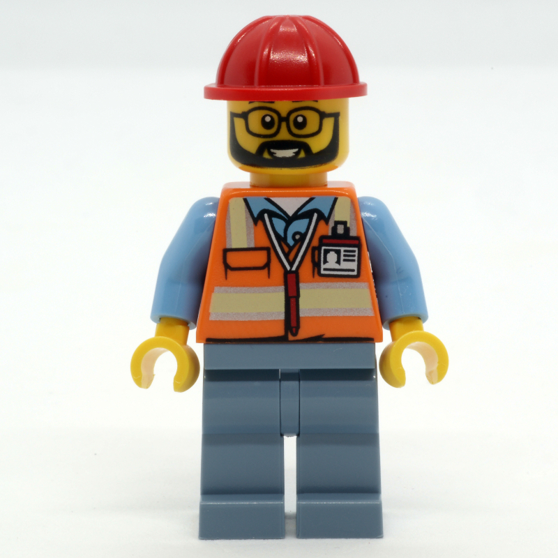 Ouvrier de chantier, gilet de sécurité orange, jambes bleu sable, casque de chantier rouge (Construction Worker, Orange Safety Vest, Sand Blue Legs, Red Hard Hat)