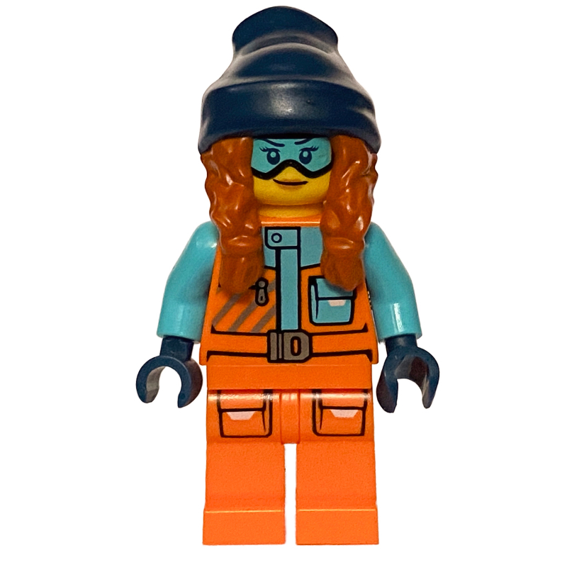 Explorateur arctique, tarentule tina, tenue orange, bonnet bleu foncé avec cheveux (Arctic Explorer, Tina Tarantula, Orange Suit, Dark Blue Beanie Hat with Hair)