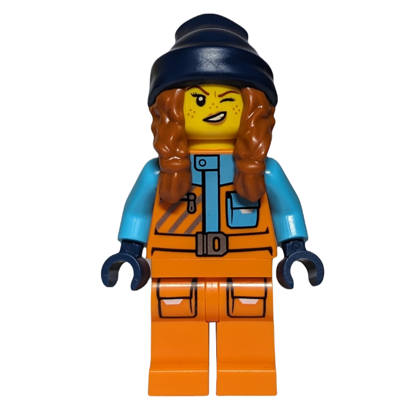 Explorateur arctique, tarentule tina, tenue orange, bonnet bleu foncé avec cheveux (Arctic Explorer, Tina Tarantula, Orange Suit, Dark Blue Beanie with Hair)
