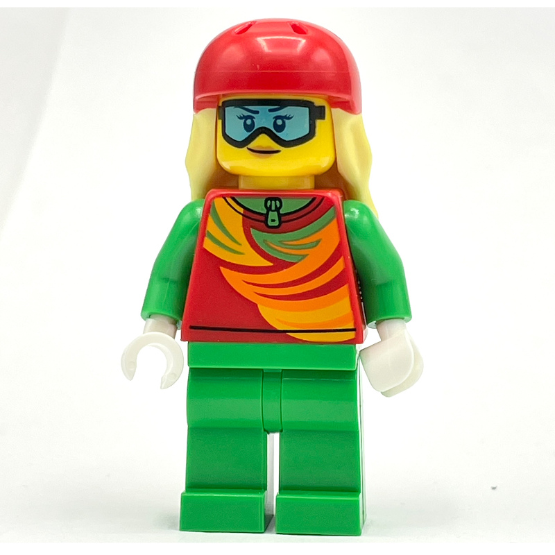 Skieur, costume de neige rouge et vert vif, casque rouge avec cheveux (Skier, Red and Bright Green Snowsuit, Red Helmet with Hair)
