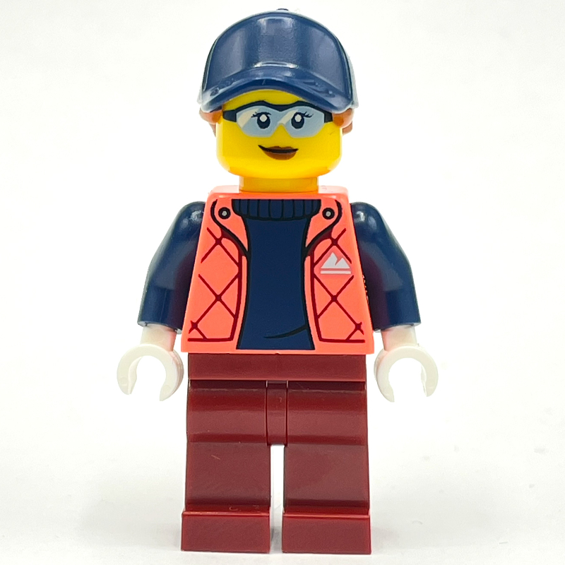 Femme, veste corail, jambes rouge foncé, casquette bleu foncé avec cheveux (Woman, Coral Jacket, Dark Red Legs, Dark Blue Cap with Hair)
