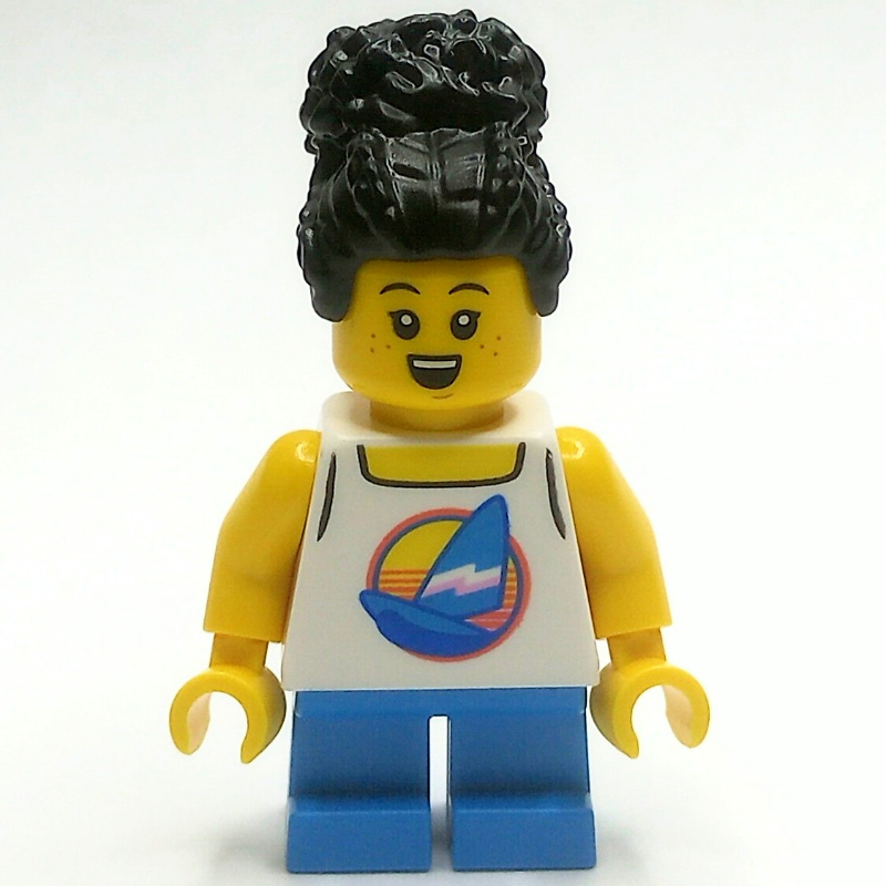 Fille, haut de gilet blanc, jambes courtes azur foncé, cheveux noirs (Girl, White Vest Top, Short Dark Azure Legs, Black Hair)