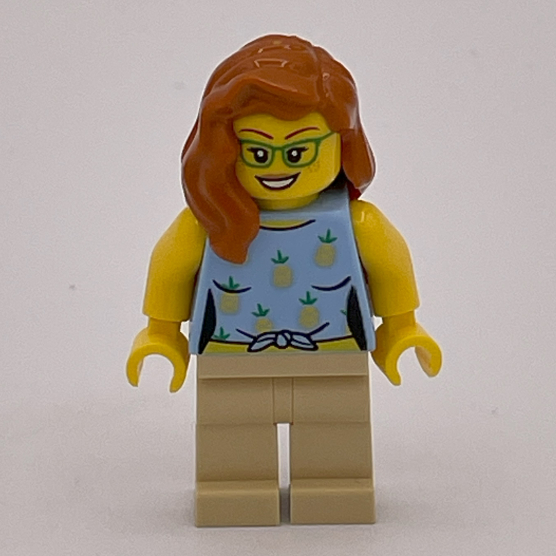 Femme, torse bleu clair vif, jambes beiges, cheveux orange foncé (Woman, Bright Light Blue Torso, Tan Legs, Dark Orange Hair)