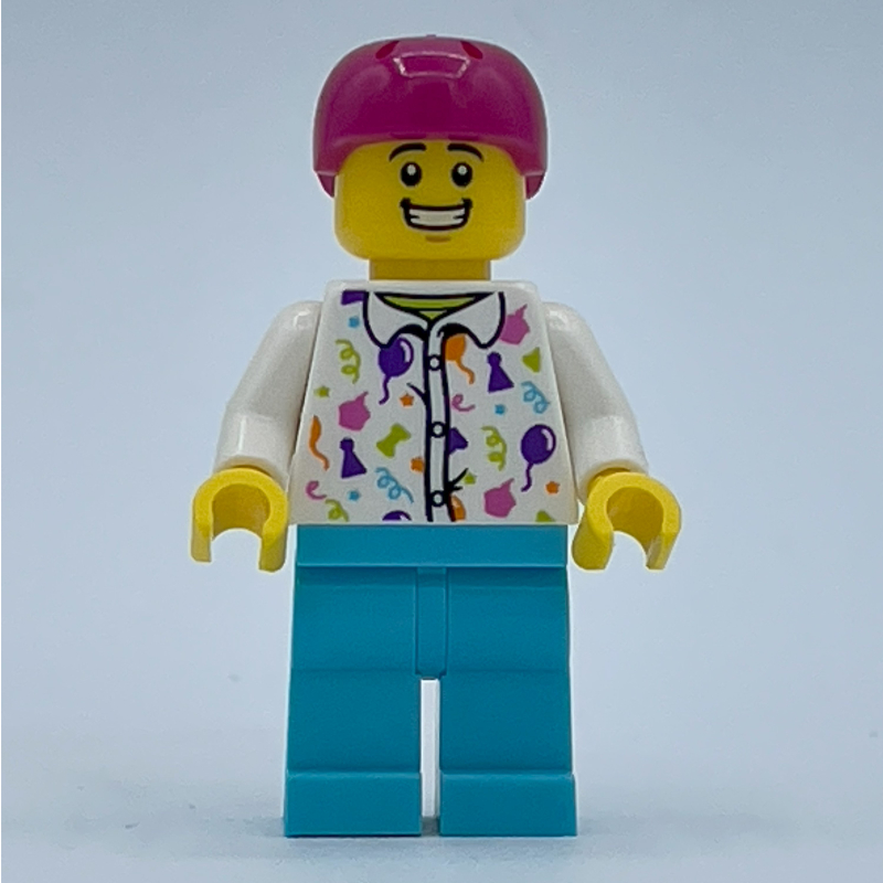 Homme, chemise blanche avec ballons, jambes azur moyen, casque magenta (Man, White Shirt with Balloons, Medium Azure Legs, Magenta Helmet)