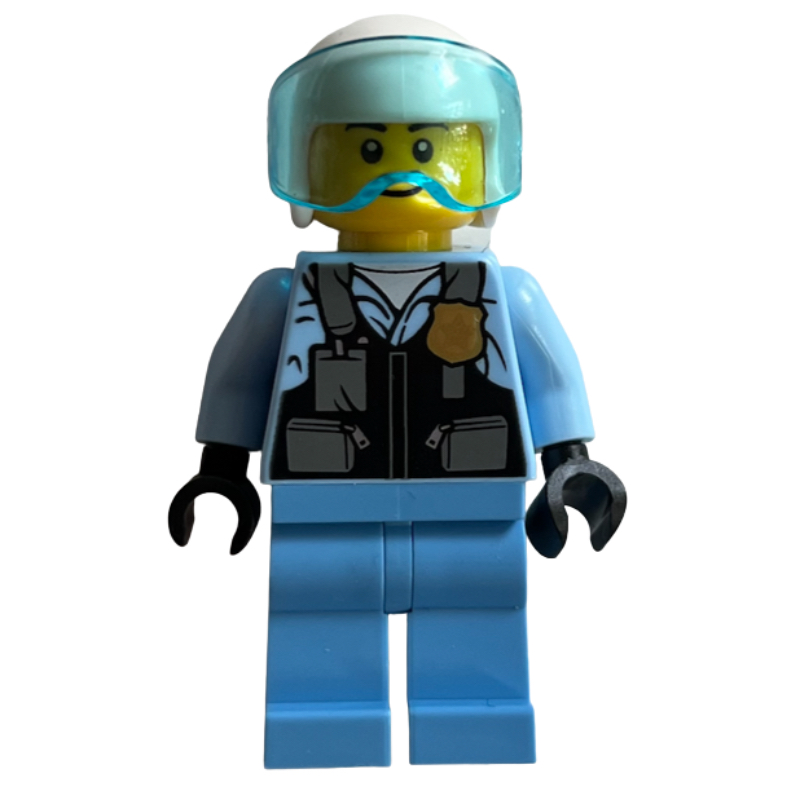 Policier, pilote, gilet noir avec badge et pochettes, casque blanc avec visière (Policeman, Pilot, Black Vest with Badge and Pouches, White Helmet with Visor)