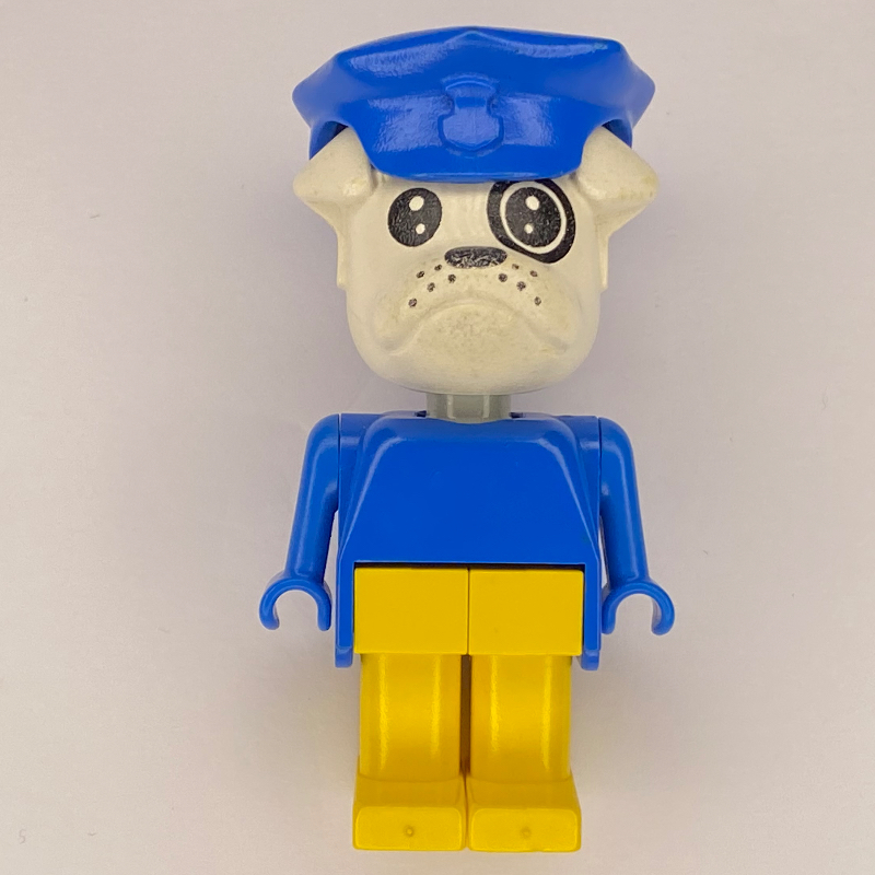 Bouledogue boris, tête blanche, torse bleu, jambes jaunes, chapeau de police bleu (Boris Bulldog, White Head, Blue Torso, Yellow Legs, Blue Police Hat)