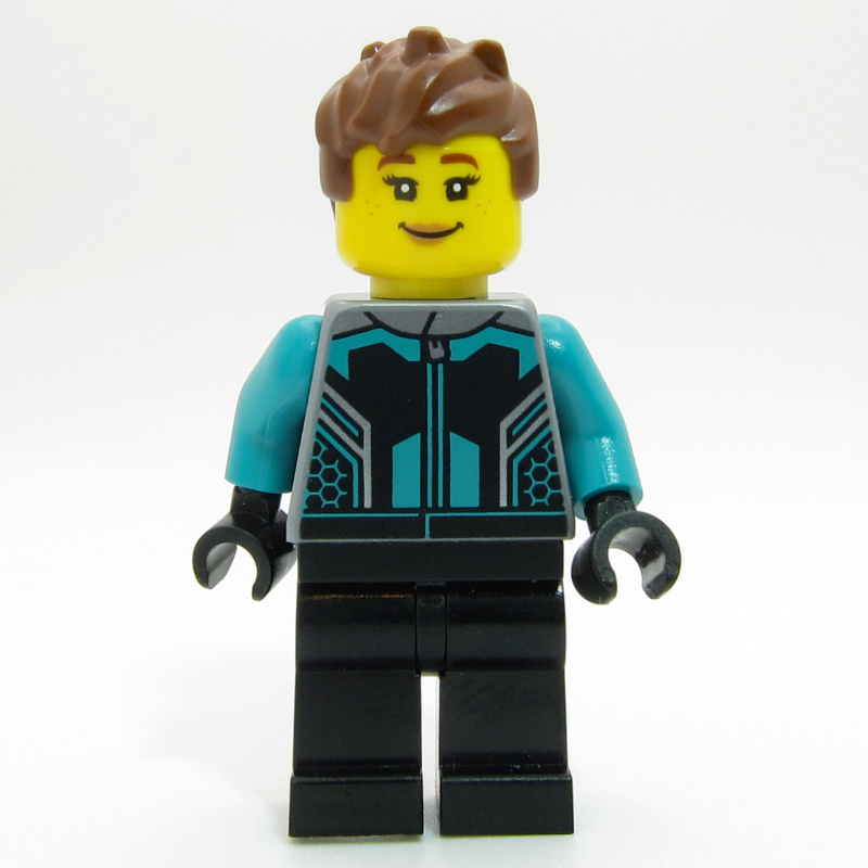 Pilote de course - torse plat argenté, bras turquoise foncé, jambes noires, cheveux brun rougeâtre (Race Driver - Flat Silver Torso, Dark Turquoise Arms, Black Legs, Reddish Brown Hair)