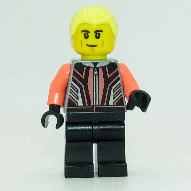 Pilote de course - torse plat argenté, bras de corail, jambes noires, cheveux jaune clair (Race Driver - Flat Silver Torso, Coral Arms, Black Legs, Bright Light Yellow Hair)