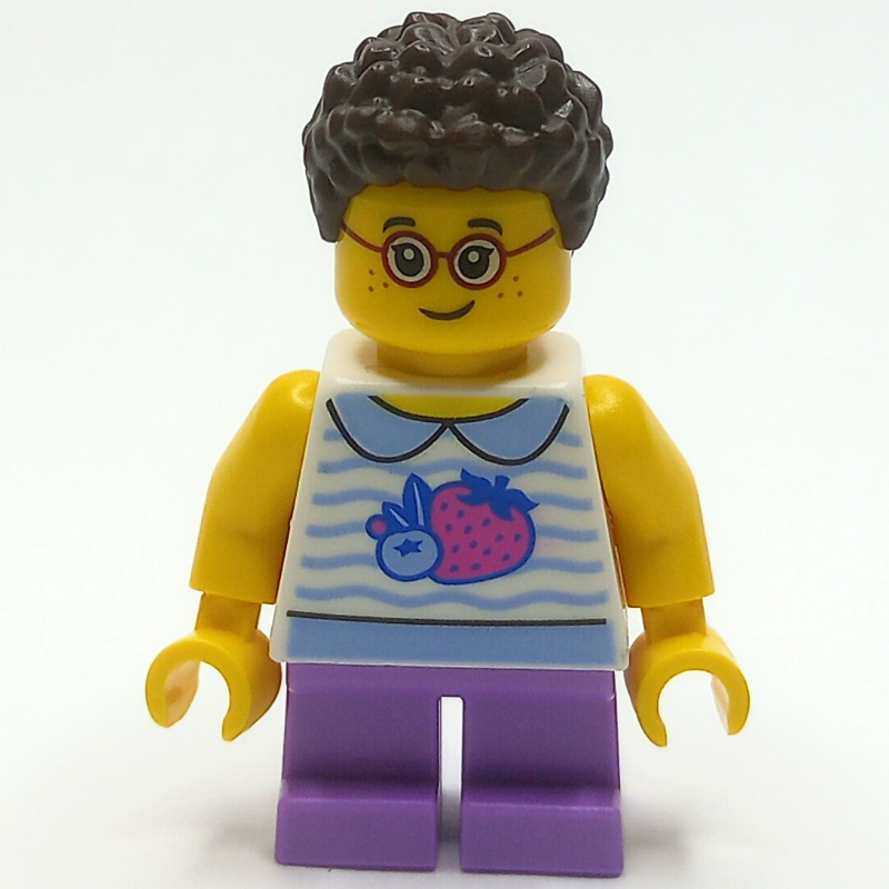 Enfant - torse blanc, jambes de lavande moyenne, cheveux brun foncé (Kid - White Torso, Medium Lavender Legs, Dark Brown Hair)
