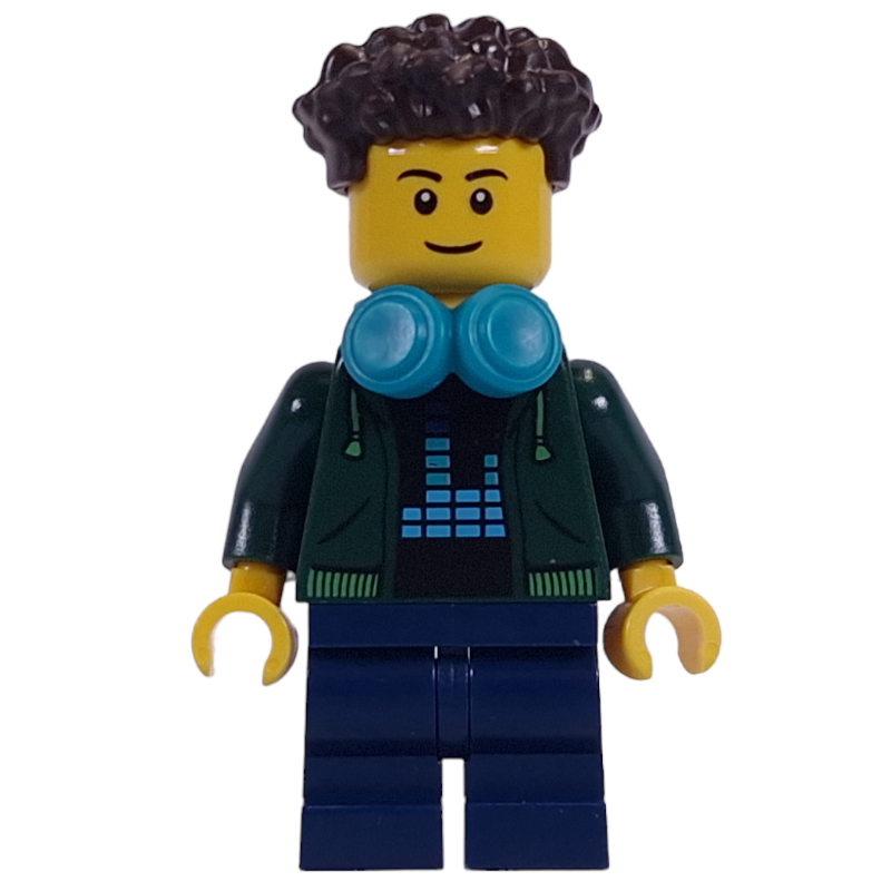 Torse vert foncé, jambes moyennes bleu foncé, cheveux brun foncé, écouteurs turquoise foncé (Dark Green Torso, Dark Blue Medium Legs, Dark Brown Hair, Dark Turquoise Headphones)