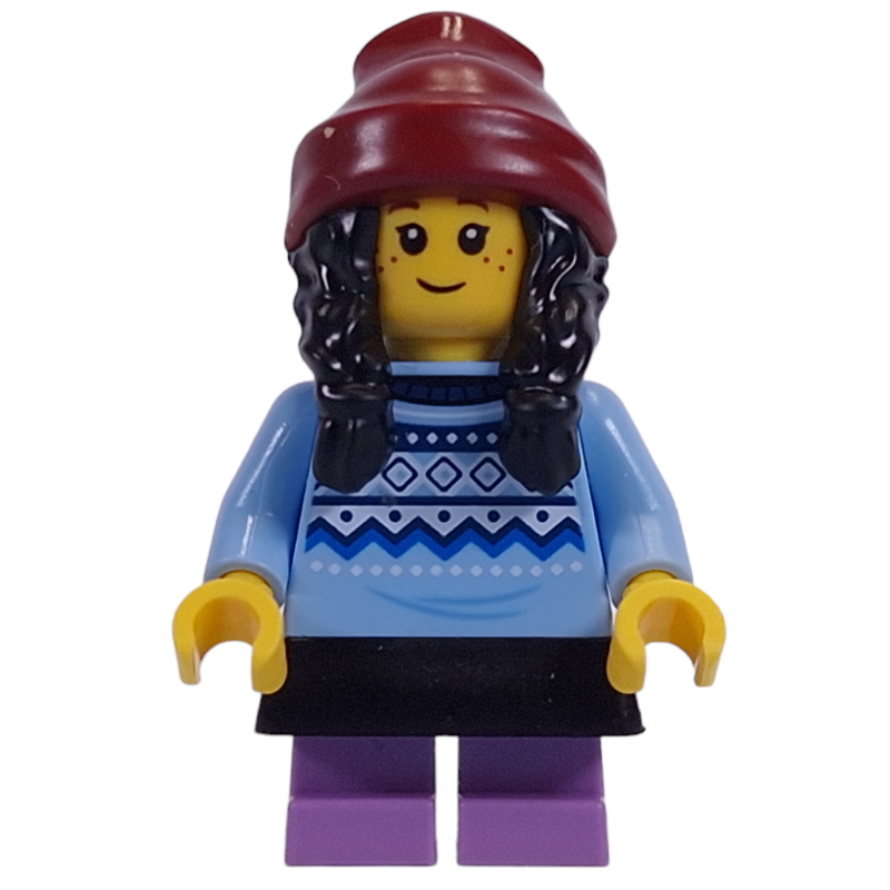 Enfant, torse bleu clair lumineux, robe noire, jambes de lavande moyenne, bonnet rouge foncé (Kid, Bright Light Blue Torso, Black Dress, Medium Lavender Legs, Dark Red Beanie)