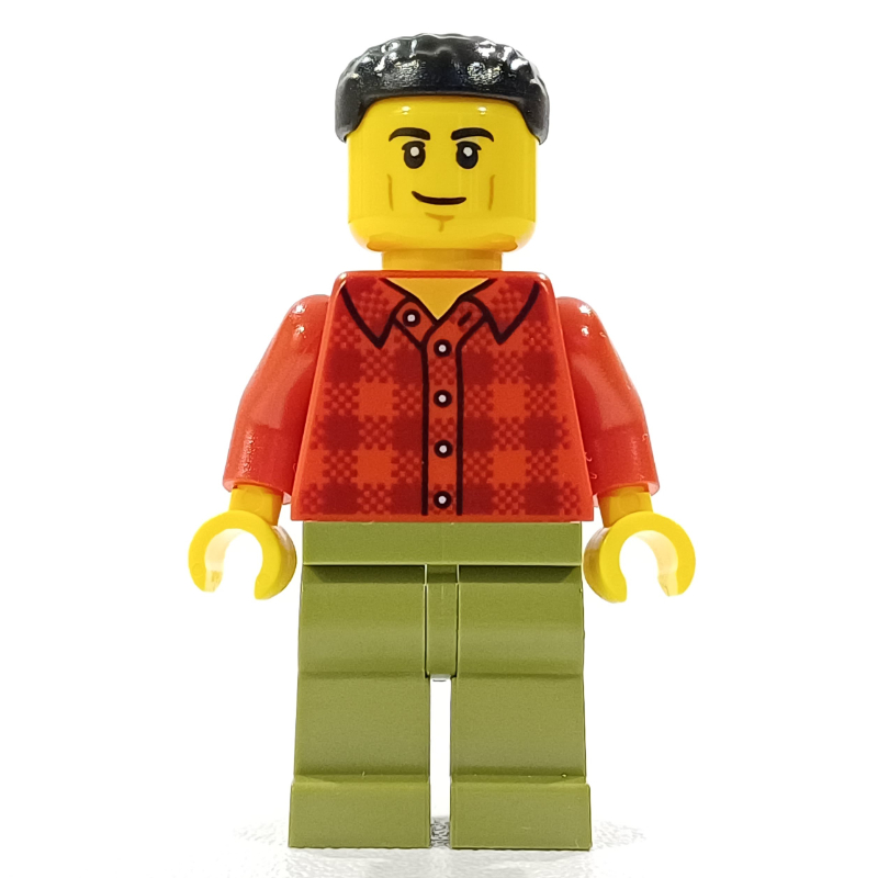 Homme, chemise à carreaux rouge, jambes vert olive (Man, Red Plaid Shirt, Olive Green Legs)