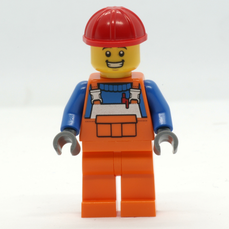 Travailleur de la construction - orange global, casque rouge, sourire (Construction Worker - Orange Overall, Red Helmet, Smile)