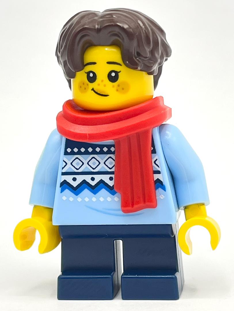 Enfant, pull bleu clair lumineux, courtes jambes bleu foncé, écharpe rouge, cheveux brun foncé (Child, Bright Light Blue Sweater, Short Dark Blue Legs, Red Scarf, Dark Brown Hair)