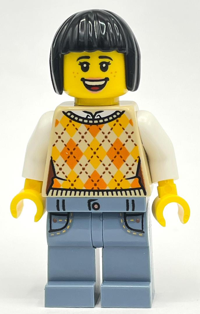 Femme, gilet de pull beige, jambes bleu sable, cheveux noirs (Woman, Tan Sweater Vest, Sand Blue Legs, Black Hair)