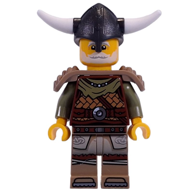 Viking, chemise brun rougeâtre, épaulettes, casque avec cornes, barbe blanche (Viking, Reddish Brown Shirt, Shoulder Guards, Helmet with Horns, White Beard)
