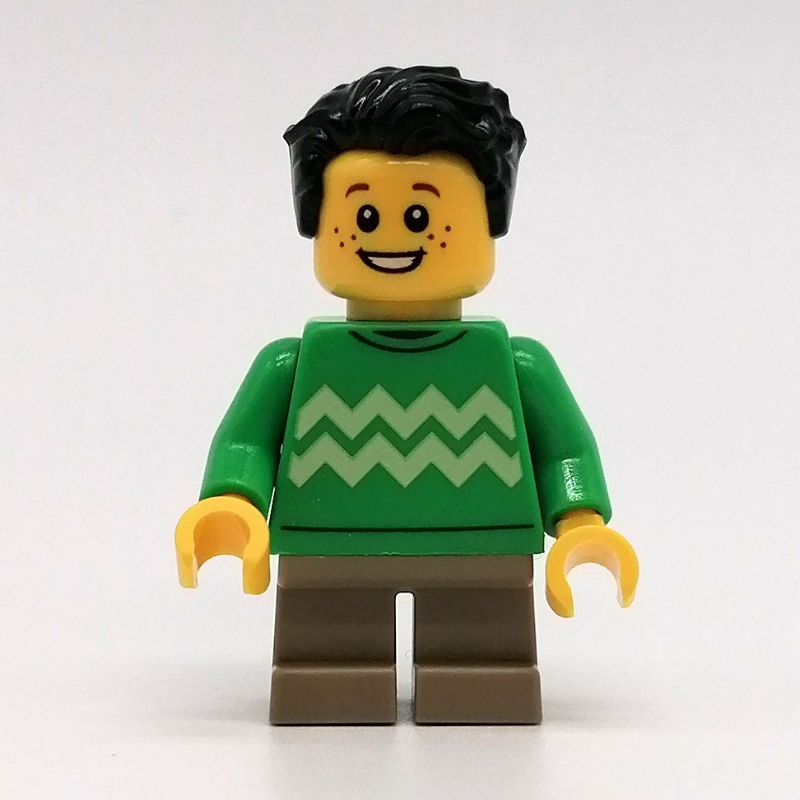 Kid - torse vert vif, jambes beige foncé, cheveux noirs (Kid - Bright Green Torso, Dark Tan Legs, Black Hair)