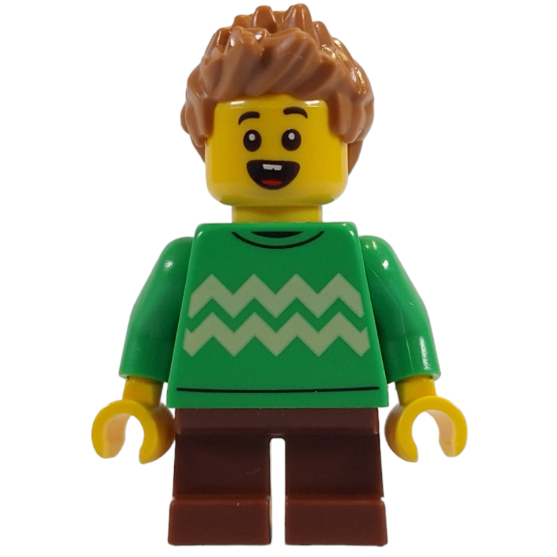 Enfant, torse vert vif, jambes brun rougeâtre, cheveux nougat moyen (Kid, Bright Green Torso, Reddish Brown Legs, Medium Nougat Hair)