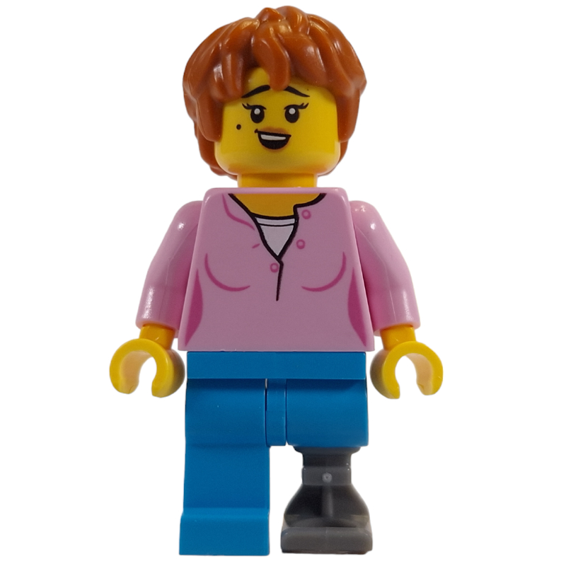 Torse rose vif, jambes azur foncé, jambe prothétique, cheveux orange foncé (Bright Pink Torso, Dark Azure Legs, Prosthetic Leg, Dark Orange Hair)