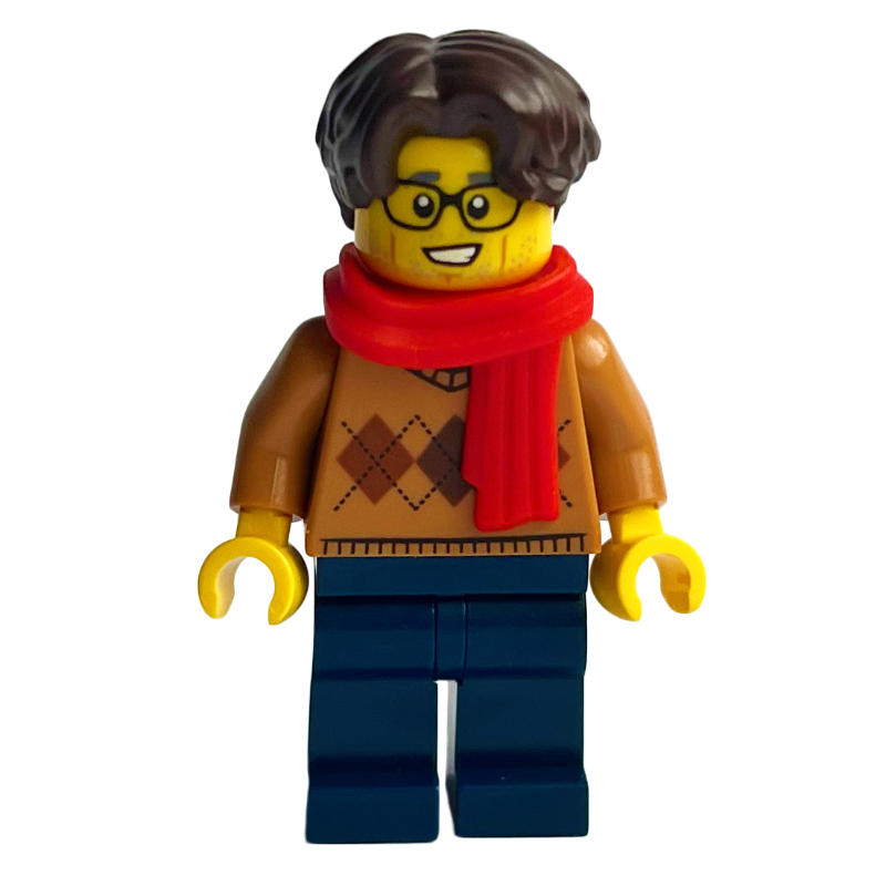 Torse nougat moyen, jambes bleu foncé, cheveux brun foncé, écharpe rouge (Medium Nougat Torso, Dark Blue Legs, Dark Brown Hair, Red Scarf)
