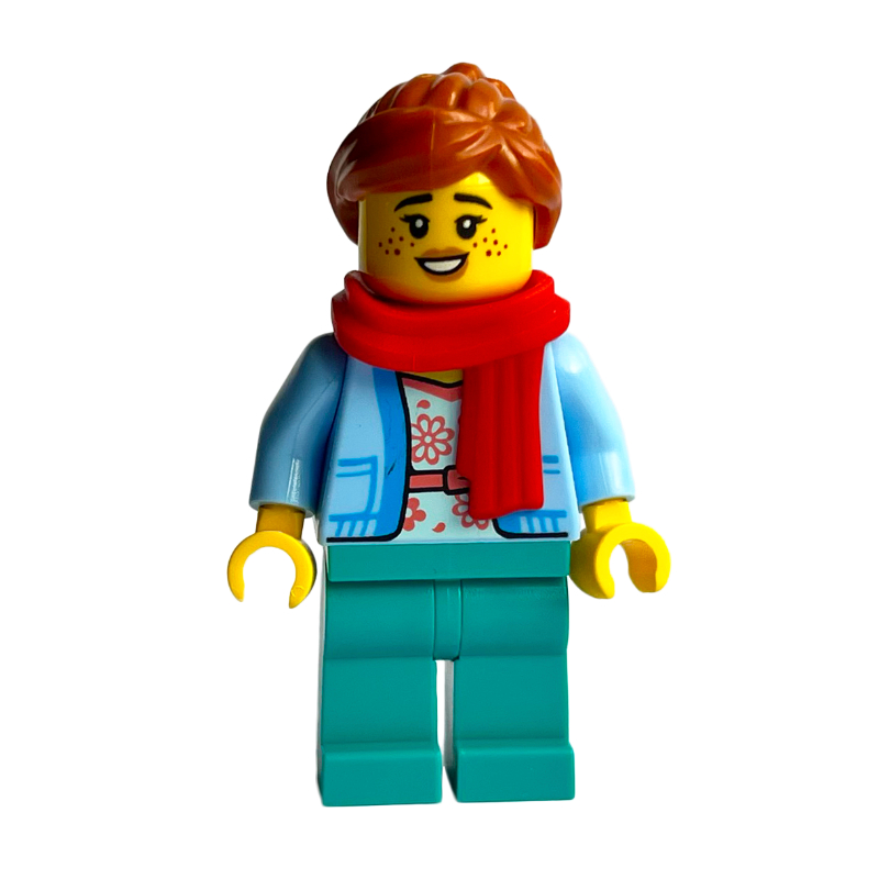 Bleu clair, jambes turquoise foncé, cheveux orange foncé, écharpe rouge (Bright Light Blue, Dark Turquoise Legs, Dark Orange Hair, Red Scarf)