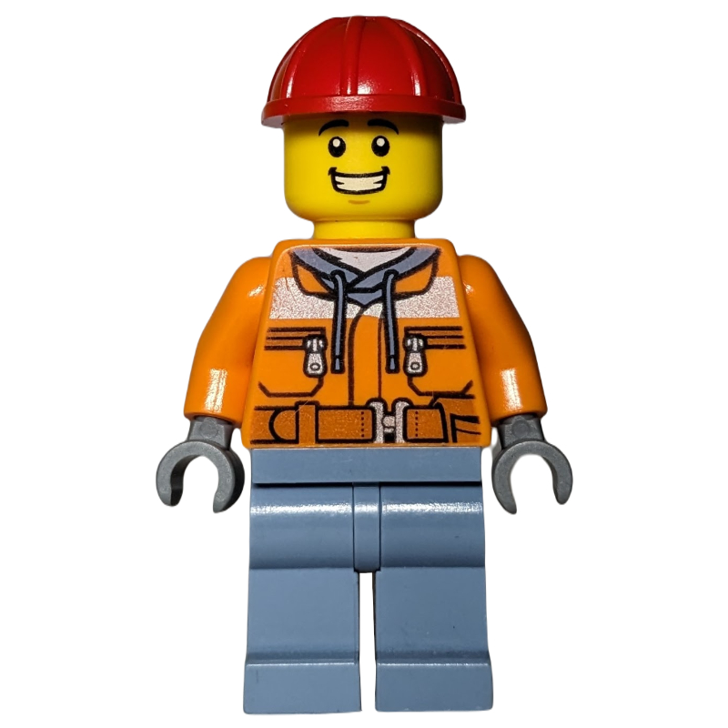 Ouvrier de chantier, veste de sécurité sur sweat à capuche avec ceinture, jambes bleu sable, casque de chantier rouge (Construction Worker, Safety Jacket over Hoodie with Belt, Sand Blue Legs, Red Hard Hat)