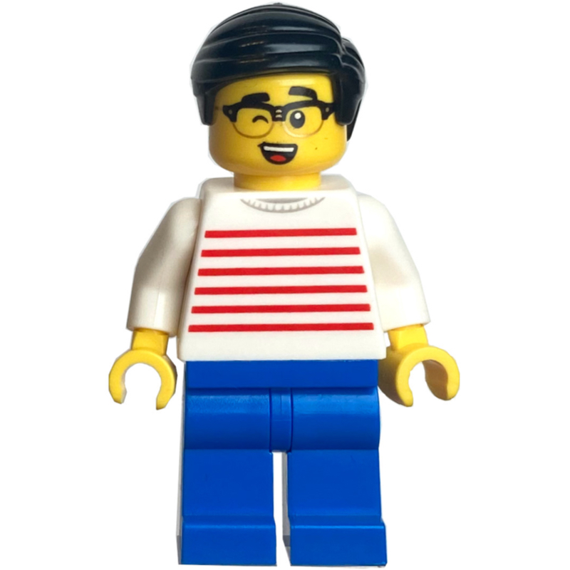 Torse rayé blanc, jambes bleues, cheveux noirs (White Striped Torso, Blue Legs, Black Hair)