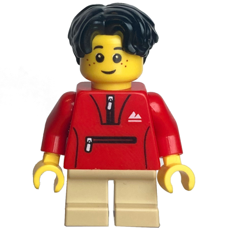 Kid - torse rouge, jambes beige, cheveux noirs (Kid - Red Torso, Tan Legs, Black Hair)