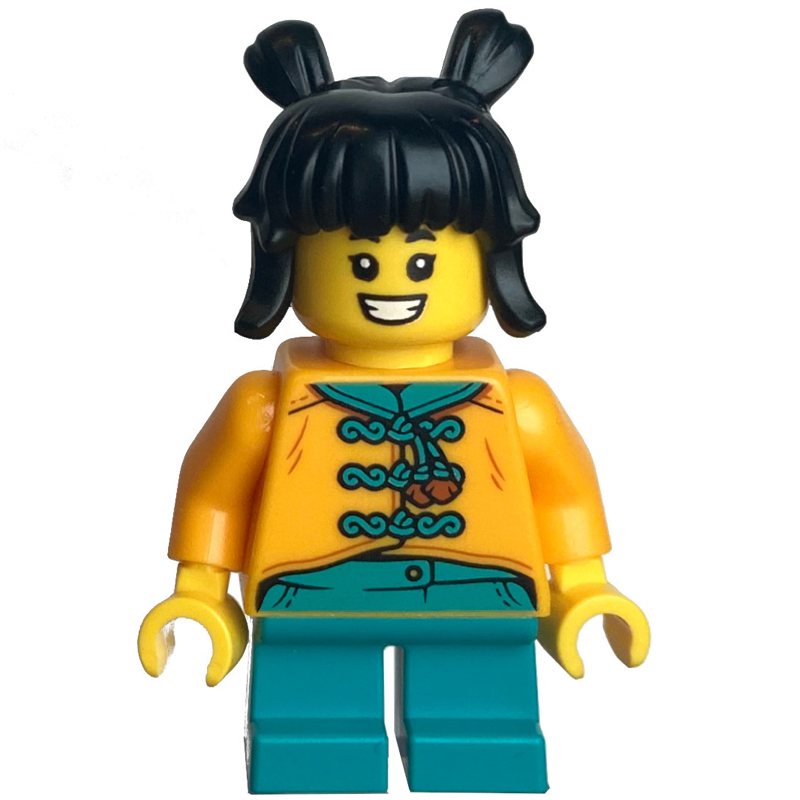 Enfant - torse orange clair vif, jambes turquoise foncé, cheveux noirs (Kid - Bright Light Orange Torso, Dark Turquoise Legs, Black Hair)
