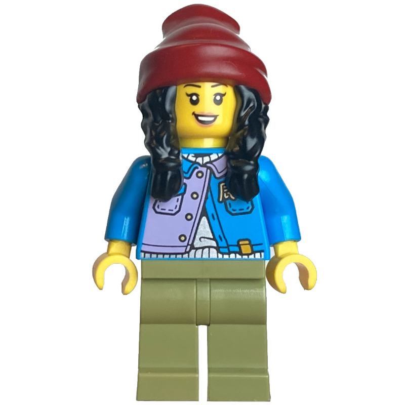 Torse azur foncé, jambes vert olive, bonnet rouge foncé, cheveux noirs (Dark Azure Torso, Olive Green Legs, Dark Red Beanie, Black Hair)