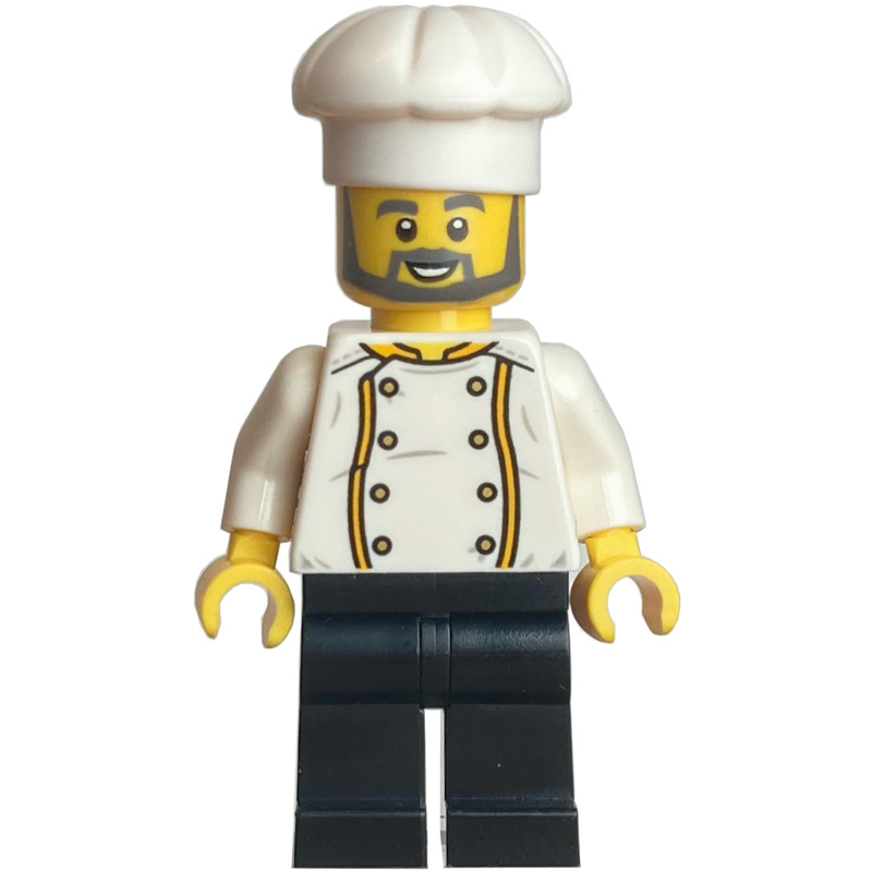 Chef - torse blanc, jambes noires, chapeau blanc, barbe gris bleuté foncé (Chef - White Torso, Black Legs, White Hat, Dark Bluish Grey Beard)