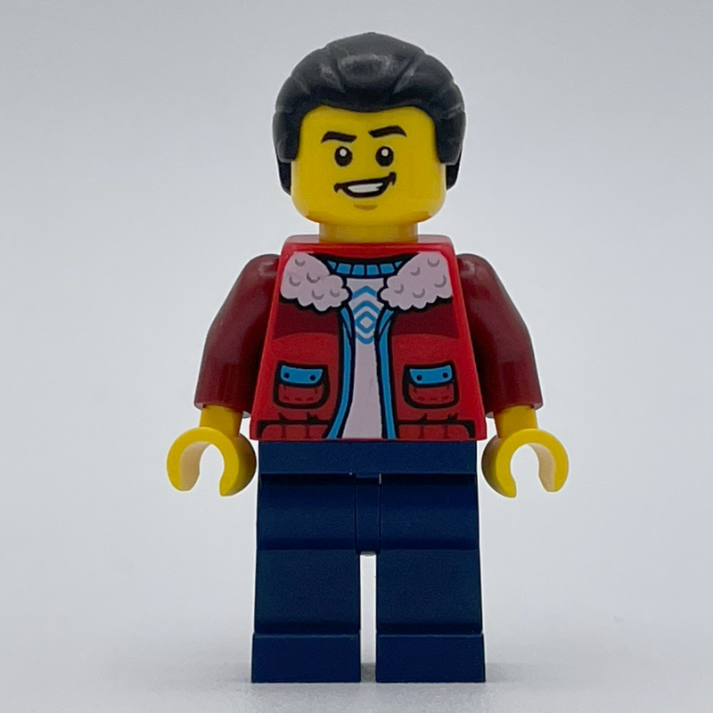 Homme, veste rouge, jambes bleu foncé, cheveux noirs (Man, Red Jacket, Dark Blue Legs, Black Hair)