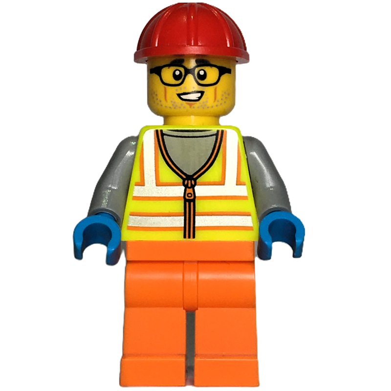 Travailleur de la construction, gilet de sécurité jaune vibrant, jambes orange, casque de chantier rouge (Construction Worker, Vibrant Yellow Safety Vest, Orange Legs, Red Hard Hat)