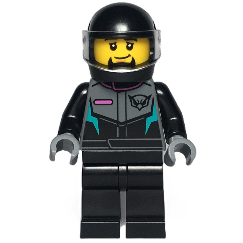 Pilote de course, costume de course noir et casque avec visière, bouc (Race Driver, Black Racing Suit and Helmet with Visor, Goatee)